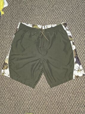 Y2k Reebok Olive Green Swim Trunks with Floral Side Panels  Size 32